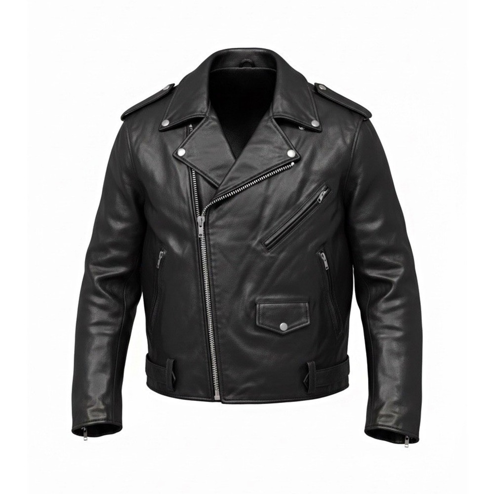 FMC Men's Black Leather Biker Jacket L Zip & Buckle Closure Pockets